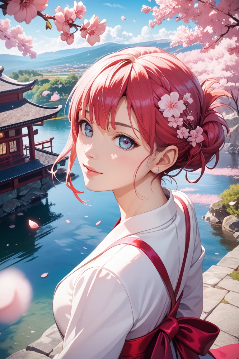 ((live action pics, RAW Photos), Goddess of Cherry Blossoms  ,From the above,  自然光にWrapped女性の精緻な肖像画,exquisite portrait of a woman surrounded by cherry blossom branches,Wrapped Pink Petals,Classy Hairstyle,delicate expression,Wrapped,Surrounded by natural light  , beautiful landscape painting ,top quality,realistic,4K Rendering,high resolution,Bokeh,detailed,bright color), 