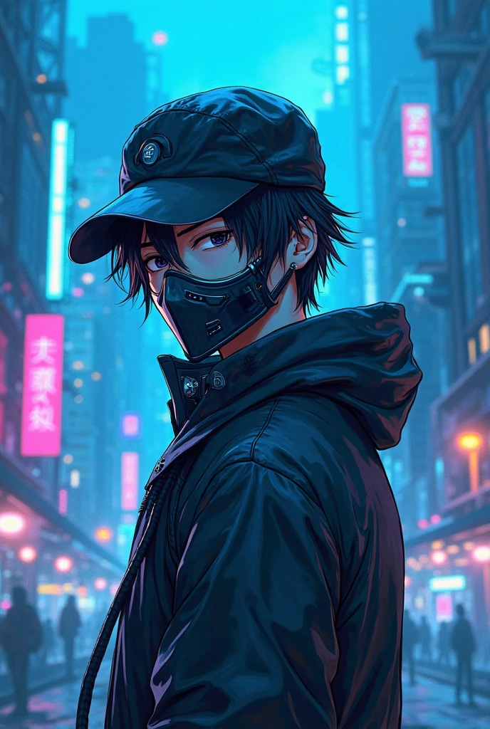  cap、mask、Neon Azure male anime character