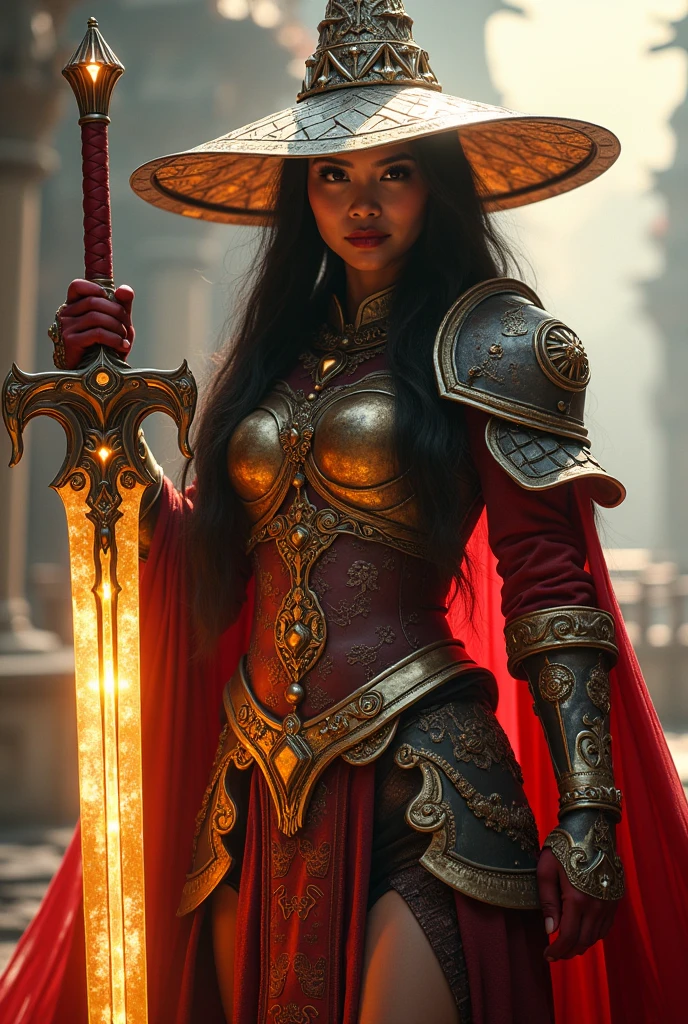 Ultra-realistic photo of a powerful big-breast fantasy beautiful Thai female full-armored mage with long hair,evil sly smile,wearing highly detailed red and gold Royal-Thai pattern with metallic gold textures and weathered surface armored, ** ancient royal-Thai ornament wide brim hat**, right hand holding a long gigantic royal Thai pattern-style glowing energy broad-sword , left fist to a camera ,cinematic lighting, sharp focus, shallow depth of field, high dynamic range, soft shadows, realistic materials, photo taken in a studio with fantasy heaven city background, 85mm lens, f/1.4, ISO 100, 8K photo