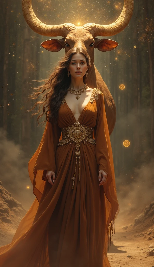 Mystical woman with astrological characteristics and beautiful in brown clothes with gold details. She looks like a princess of the Taurus sign she is in front of a majestic and strong Taurus in the color brown next to her, As the spiritual protector of women. Taurus refers to the sign of Taurus.