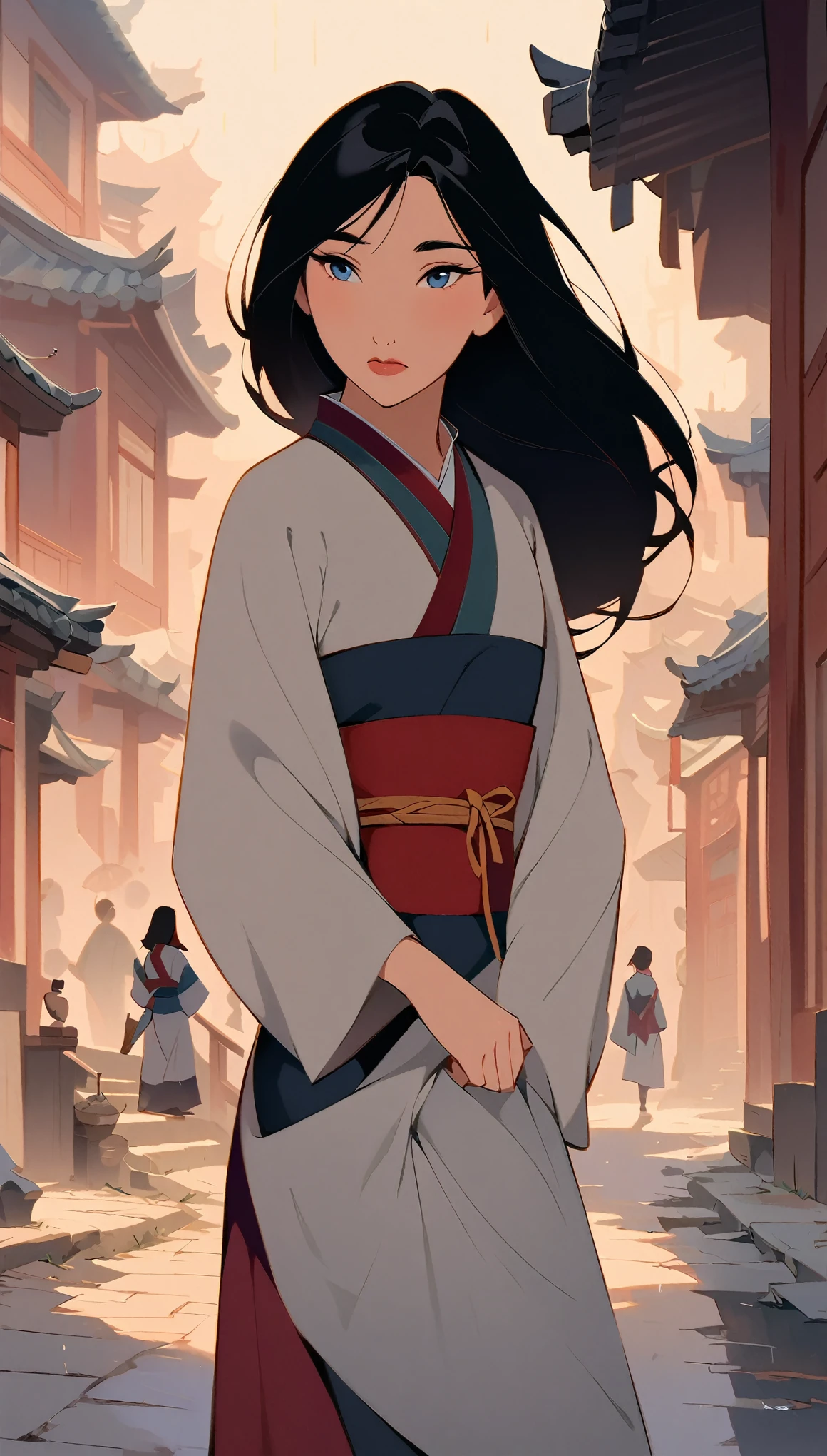 Hua Mulan,Show female shy,19 years old, like a porcelain doll, fine features, delicate,Black and red color scheme,poster,iconic disney characters。shonen style, anime style, straight hair, big hair, ((long hair)) ,japanese young woman warrior, black hair, traditional japanese dress, wind blow, winter, ((raining on winter)), bottom perspective, panoramic view, fantastic lighting, detailed, with an sword, ((perfect eyes)), ((really shy)), woman body, kunoichi, dutch angle, shinobi village, konohagakure, ((closed mouth)),((loooking down))