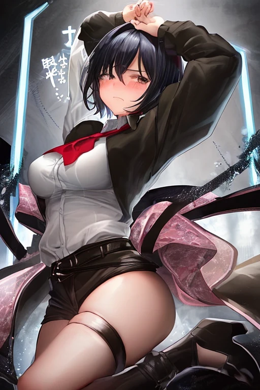 White gloves, red eyes, white jacket, white skirt, best quality, masterpiece, Highly detailed, illustration, absurdres, white military uniform, white uniform, white hat, solo, 1girl, expressionless, blank eyes, looking at viewer, emotionless, corruption, mind control, female combatant, full body, hypnotized, unhappy trance, perfect female body, extremely glossy latex, belt, hypnosis, hypnoLora, empty eyes, Mind control device, thigh high, Bleach, Quincy, thighhighs, tight miniskirt, hair ornament, kotomi takanashi, black hair, black eyes, short hair, large breast, huge breast, (((from back, ass, from behind, looking from back, view from back)))