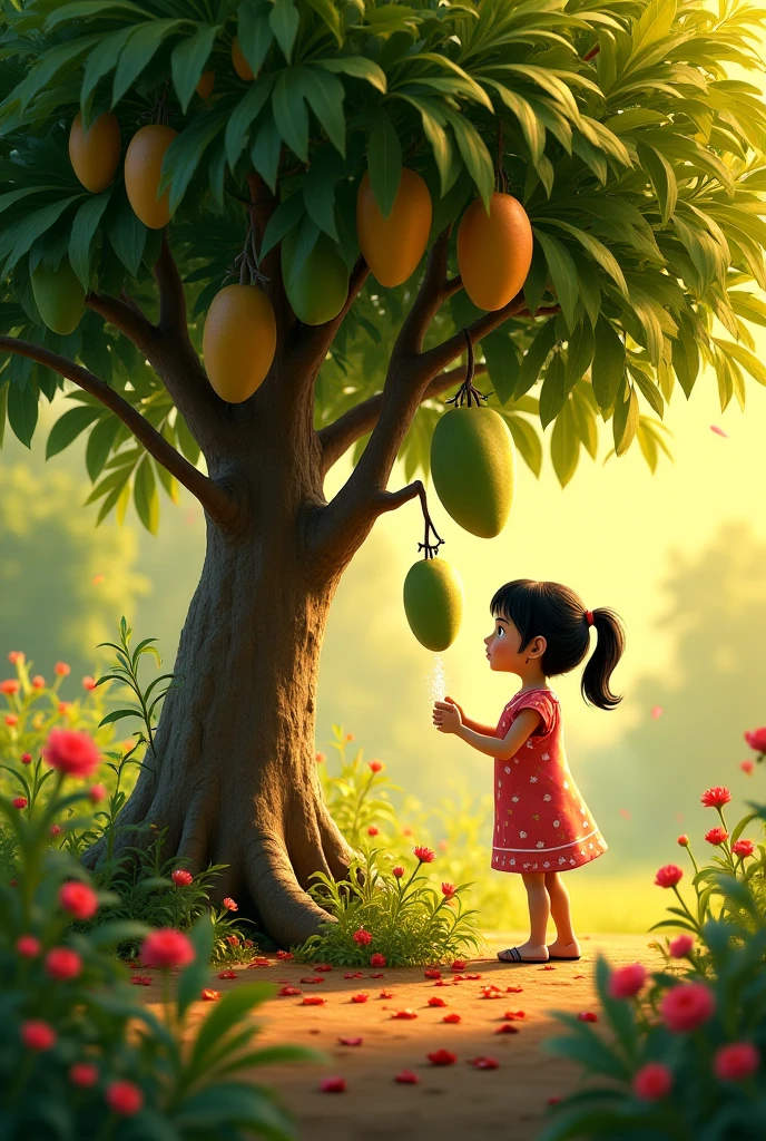 Prompt: Amina continues her journey through the forest, where she suddenly finds a beautiful basket filled with colorful fruits lying on the forest floor, as if placed there as a gift.small girl 3D animated cartoon