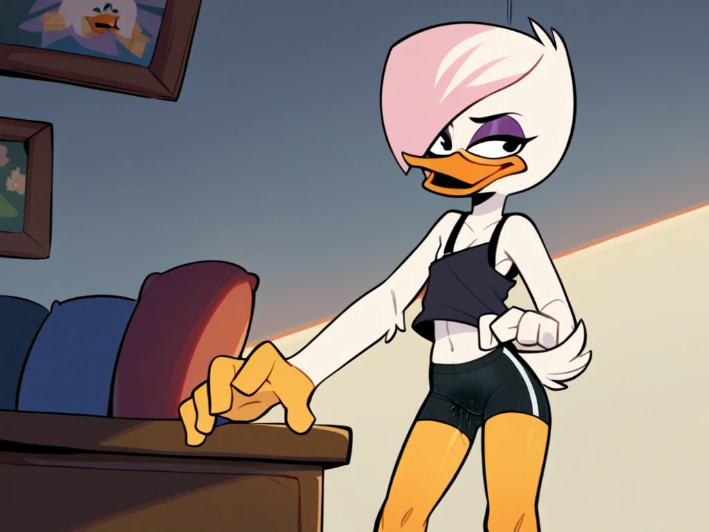 score_9, score_8_up, score_7_up, score_6_up, best quality, highres, source_furry, source_cartoon
1girl, female, solo, furry, inside, living room, duck, beak, lena sabrewing, young, , white skin, white hair, pink highlights, short hair, orange legs, black eyes, purple eyeshadow, green t-shirt, bra strap, off shoulder, bike shorts,  pose, standing in a low angle shot of her showing her hand and leg, looking front

This character is a young female furry duck with white skin and short white hair accented with pink highlights. She has orange legs and a beak, that slips off one shoulder to reveal a bra strap, she also wears bike shorts. The character is standing provocatively on a low angle shot, gazing directly forward with a confident and alluring expression.