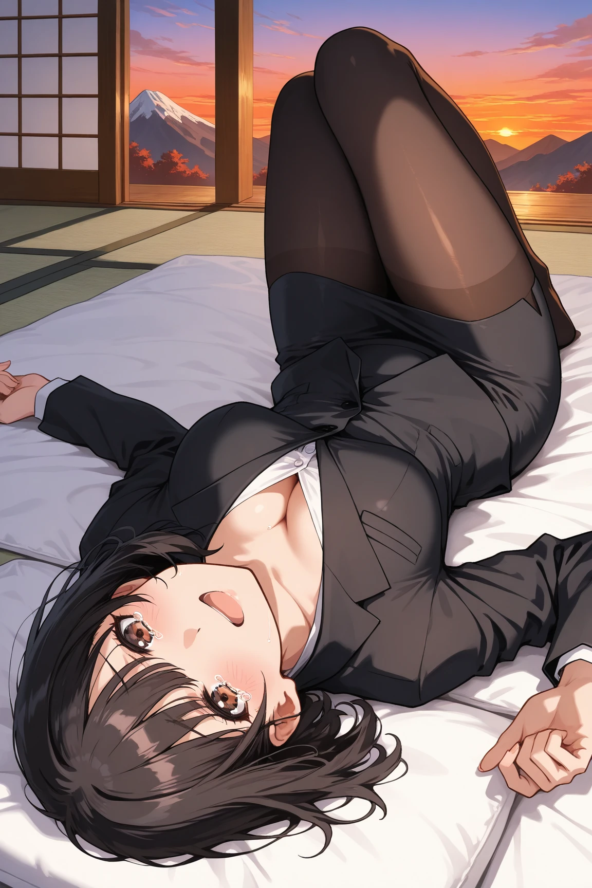 the girl lying on the bed spread her legs and she is without underwear