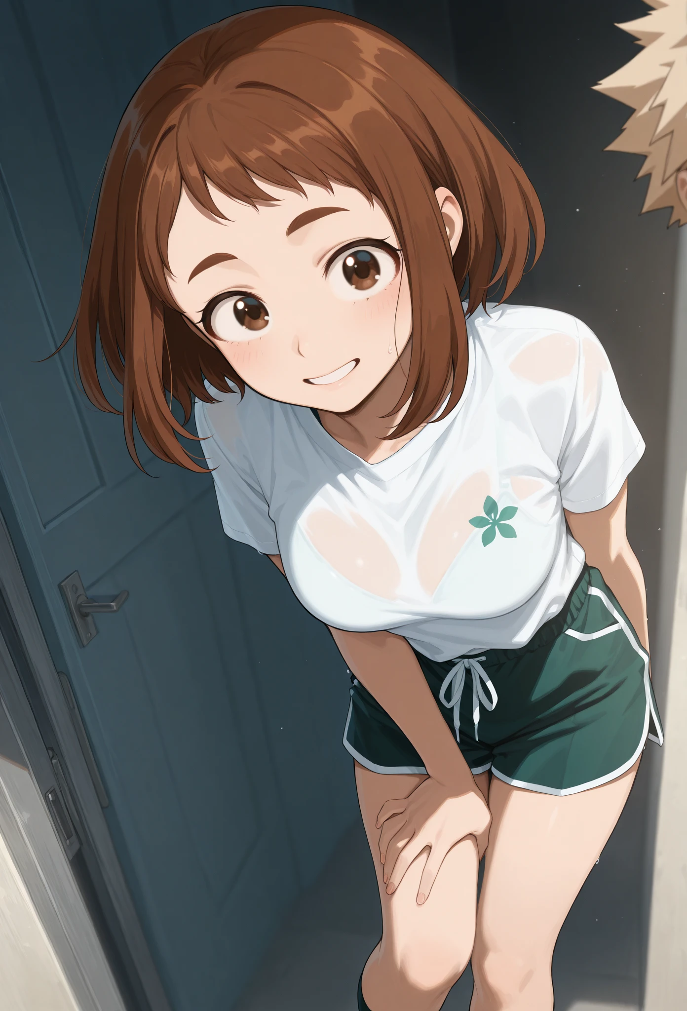 miyoshi kaya, light brown hair, high ponytail,orange eyes, parted bangs, forehead,
 1girl,solo,looking at viewer, ,evil smile,,,(spoken heart),,outdoor,flat chest,miniskirt,camisole,panties,(sexy pose:1.2),from below