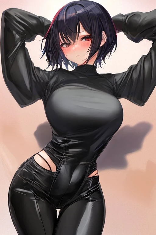 Single woman, anime woman, Hourglass figure, Short, long black hair, dog ears, red eyes, short jeans, thigh high socks, black combat boots, open black jacket, big chest, tank top, solo woman, only one woman