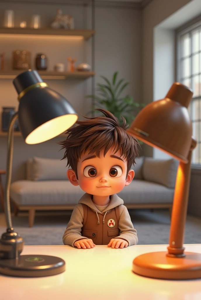 A brown-haired boy pretends to search for something on a bench behind the house.
