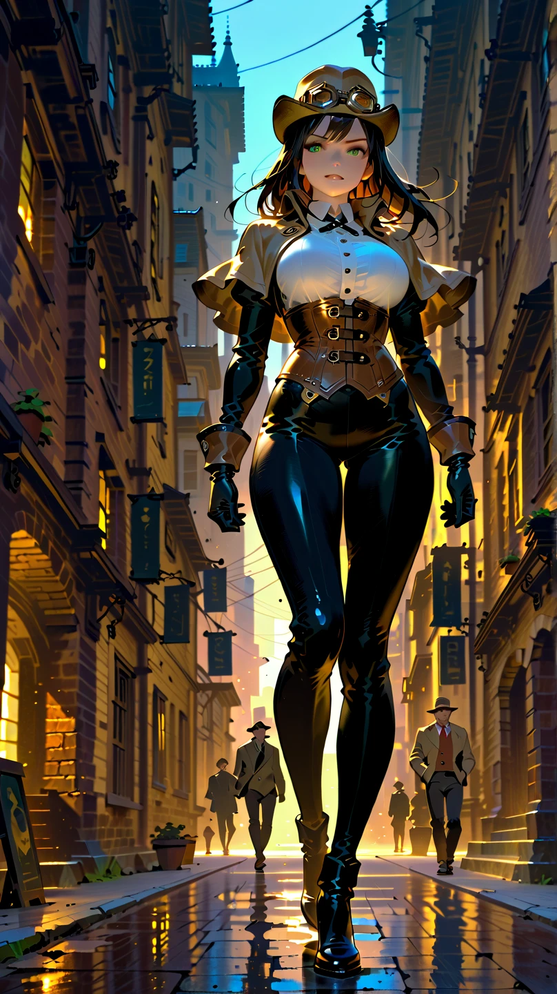 best quality,4k,8k,highres,masterpiece:1.2),ultra-detailed, extremely detailed eyes, extremely detailed body, (large masterpiece digital art), (detailed manga illustration), (detailed line art), ((perfect anatomy)), (intricate details:1.3), (ultra-detailed:1.3), (illustration:1.3), (sharp focus:1.3), (natural lighting:1.05), (vivid colors:1.3), (masterpiece), (best quality:1.4), (perfect anatomy:1.4), high quality, expressive eyes, full body, detailed face, beautiful face, perfect face, {1 woman}, elegant clothing, {long black hair}, {{dark skin}}, detailed ((emerald green eyes)), slender but toned physique, large breasts, dynamic lighting, 4k resolution, dynamic pose, confident expression, detailed steampunk-style attire, form-fitting corset, detective outfit, gloves, intricate accessories, steampunk goggles, subtle glow, slight wind effect, background of foggy Victorian streets, mysterious atmosphere, Atey Ghailan, Jeremy Mann, Greg Manchess, Antonio Moro, trend in ArtStation, trend in CGSociety, Intricate, High Detail, Sharp focus, dramatic art by Midjourney and Greg Rutkowski, Marvel Comic style