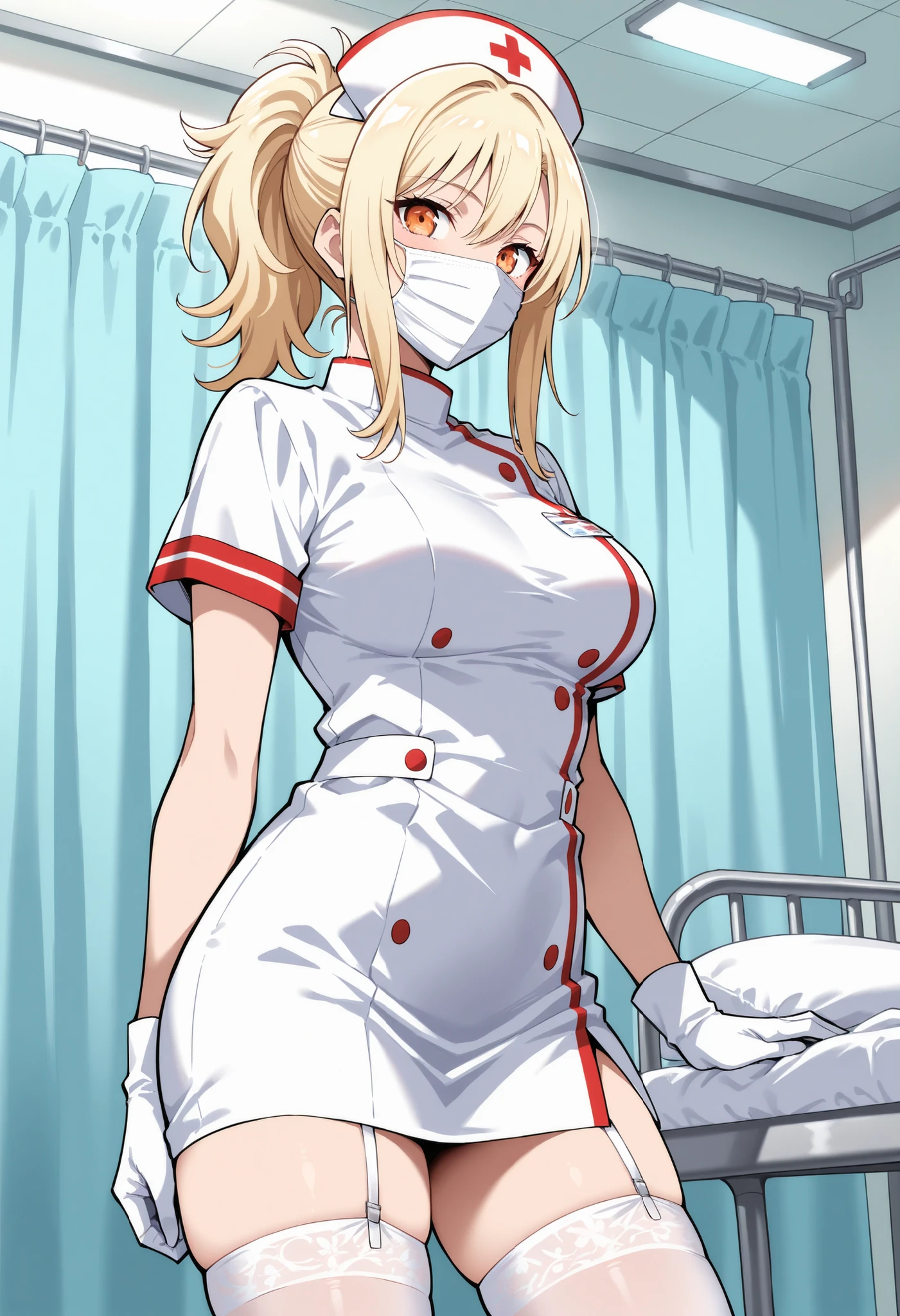 Score_9, score_8_up, score_7_up, source_anime, miyashita ai, solo, blonde hair, ponytail, sidelocks, orange eyes, (best quality), (high quality), {masterpiece}, extremely delicate and beautiful, ultra-detailed, beautiful detailed eyes, nurse, nurse hat, ((white nurse's outfit)), white gloves, white thighhighs, hospital room, ((white mask, mouth mask, covered nose)), standing