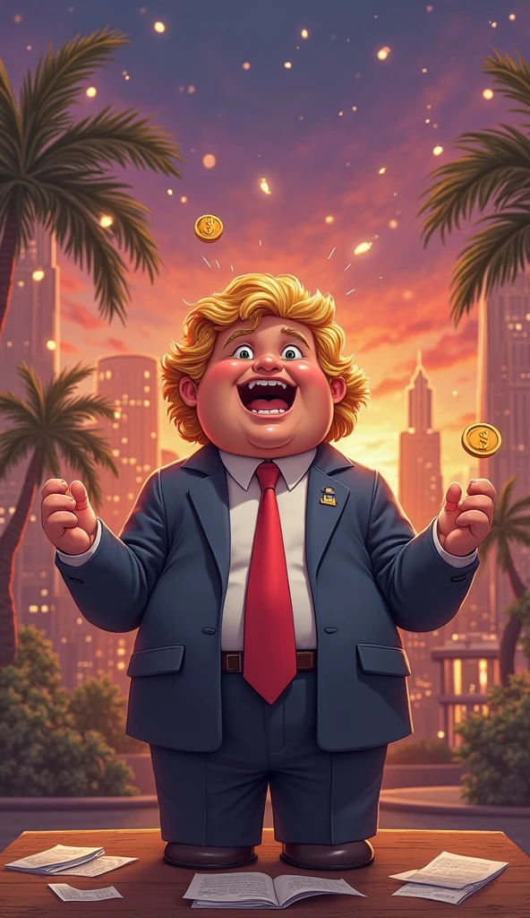  a whimsical semi-realistic illustration：一只头上带着的金colored wig的鹰,头上金colored wig,colored wig,Dressed in a navy blue suit、 wears a red tie ，A bit fat,Very cute, giving a passionate speech at a podium, Exaggerated expression ，Documents scattered around， golden dollar signs and electric sparks floating around。 a modern city skyline at dusk in the background， palm trees and art deco buildings， a vibrant orange-purple gradient in the sky， with dramatic stage lighting,Rustic style