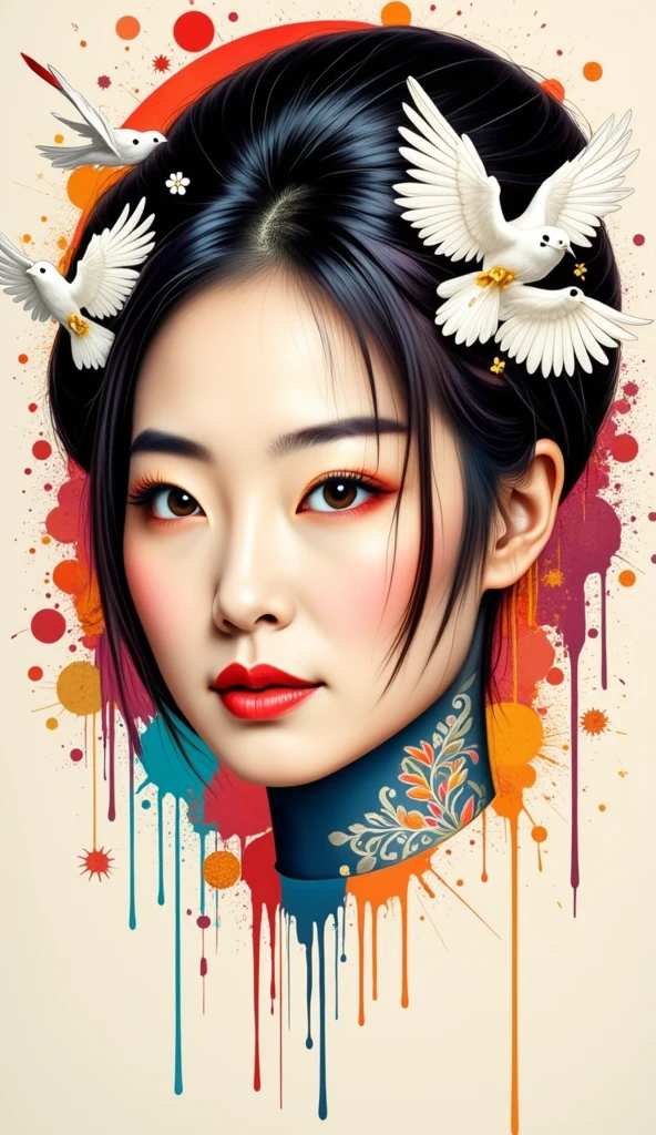 ((best qualityer)), ((work of art)), (detailded), ((perfect Japanese face)), surreal, art nouveau, sparrows, fancy, sci-fi, line drawing, Japanese, traditional, vintage, chic, posh, sophisticated, tattooed face, pastel color palette, light splashes of paint around, paint dripping down the bottom of the painting, dainty, subtle and innovative,wong-chan-flux