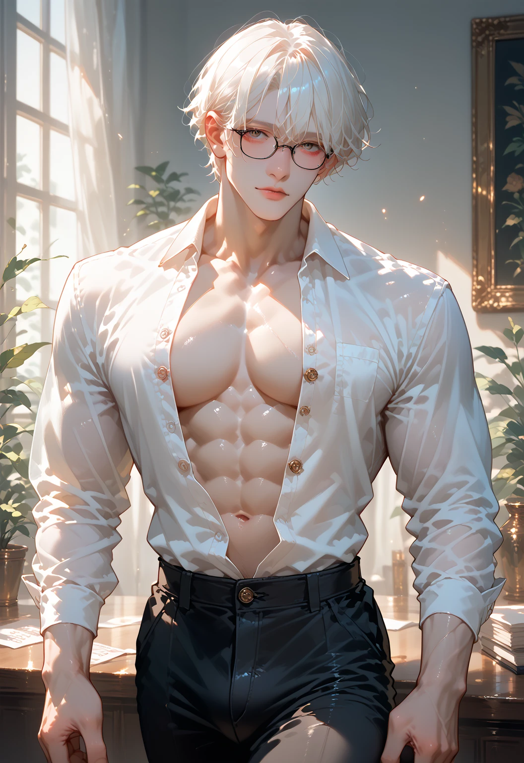 1 male, Japanese male model, high resolution 4k, adult, handsome, perfect face detail, detailed eyes and face, muscular, white eyebrow hair, white eyelashes, Naked torso, Detailed face, perfect face, real skin texture, detail Perfect hand, details, Real and complete hand details, unreal engine, hd picture, satoru gojo, Jujutsu kaisen, white hair, short hair ,hair between eyes ,blue eyes, white skin, wear glasses