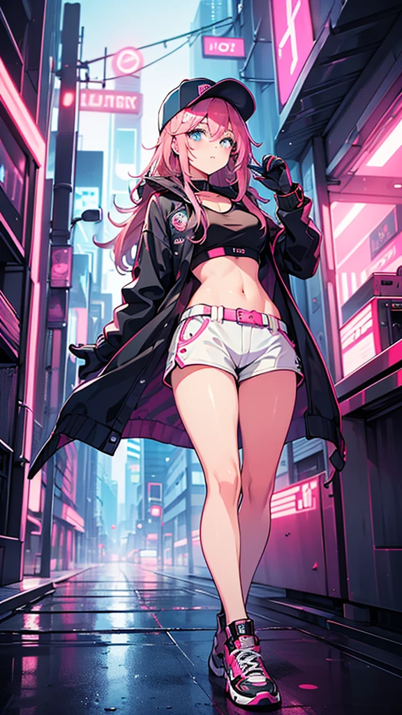 anime screencap, city, 1girl, solo, long hair, pink hair, red eyes, looking at the viewer, lustful, closed mouth, ass, wide hips, short shirt, short shorts, unbuttoned shorts, squatting, legs apart, erotica, back