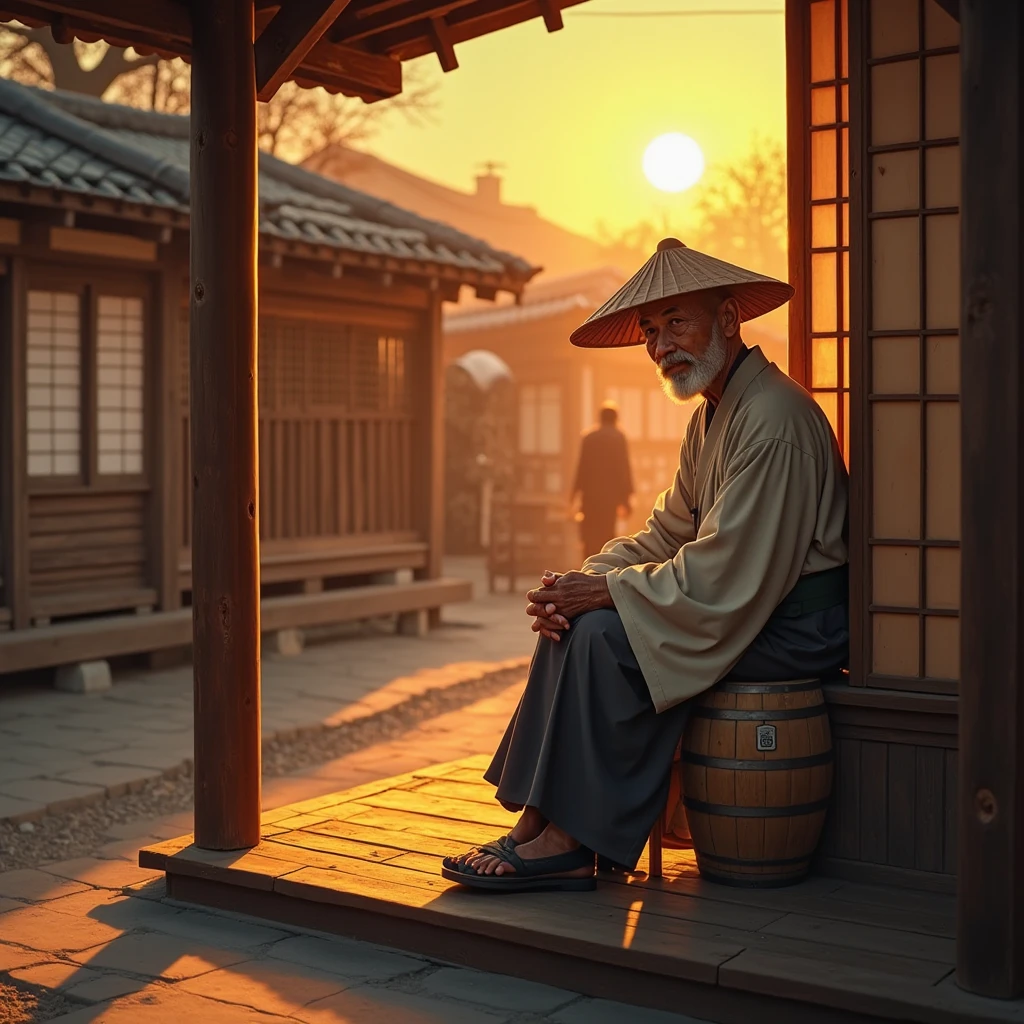 The image features an elderly man seated on a wooden porch, bathed in warm, golden light from a setting sun. He wears traditional Eastern attire, complemented by a wide-brimmed hat. The background depicts quaint wooden houses with sliding shoji windows, adding depth and context. A wooden barrel is present nearby, and a faint silhouette of a person can be seen in the distance, enhancing the scene's narrative. The style is reminiscent of classical Asian art, emphasizing serenity and wisdom. The composition focuses on the contrast between light and shadow, drawing attention to the man’s contemplative expression. Tonal variations enrich the visual appeal, creating a welcoming ambiance.