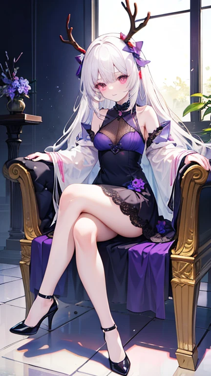 White hair fantasy woman in black dress, 1girll, Breasts, Solo, Very long hair, dress, Lace,Very short skirt, Purple eyes, ((Black cat ears)), Short black Romanesque dress,Tight shoulder straps at the waist,There are gold accents on the clothes,耳Nipple Ring,jewelry, White hair, Bare shoulders, bangs,upper legs,Exposing thighs,Lenses are changeable