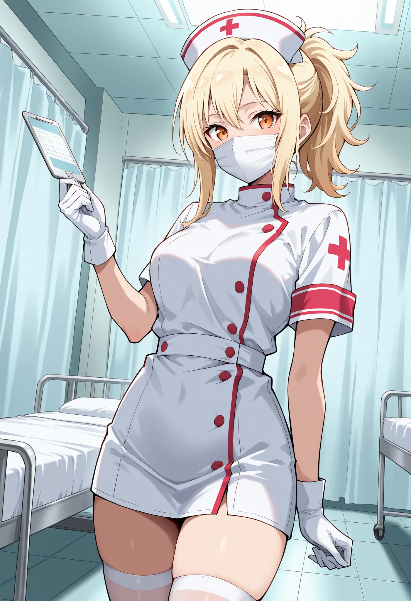 Score_9, score_8_up, score_7_up, source_anime, miyashita ai, solo, blonde hair, ponytail, sidelocks, orange eyes, (best quality), (high quality), {masterpiece}, extremely delicate and beautiful, ultra-detailed, beautiful detailed eyes, nurse, nurse hat, ((white nurse's outfit)), white gloves, white thighhighs, hospital room, ((white mask, mouth mask, covered nose)), standing