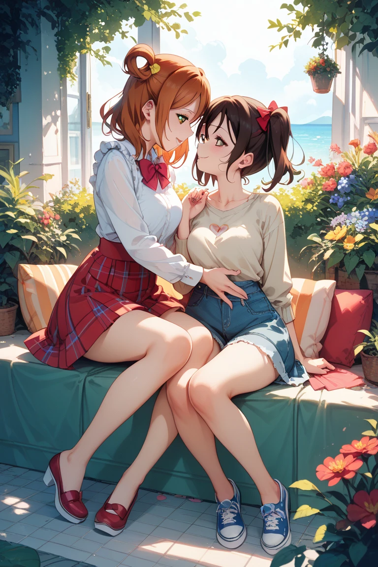Woman with short brown hair, Red eyes, long green sweater, short chocolate, socks, nice legs, big butt, big breasts, sitting in the park. 