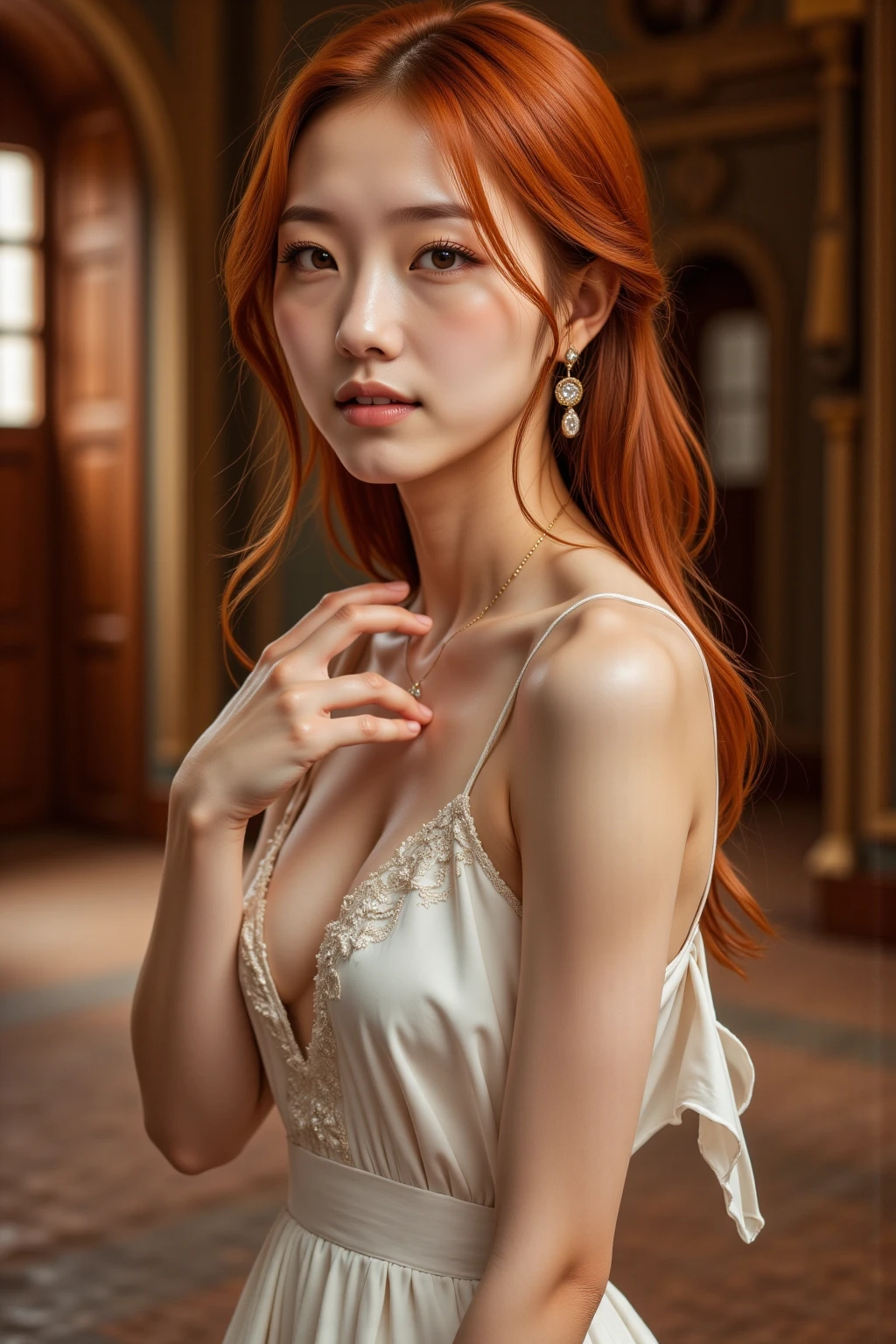 masterpiece, (photorealistic:1.5), best quality, beautiful lighting, real life, nami \(one piece\), 1girl, architecture, cherry blossoms, east asian architecture, falling petals, gold, nude, log pose, long hair, looking at viewer, open mouth, orange hair, petals, shoulder tattoo, tattoo, teeth, anime, upper teeth only , intricate, high detail, sharp focus, dramatic, beautiful girl , (RAW photo, 8k uhd, film grain), caustics, subsurface scattering, reflections, vaginal sex