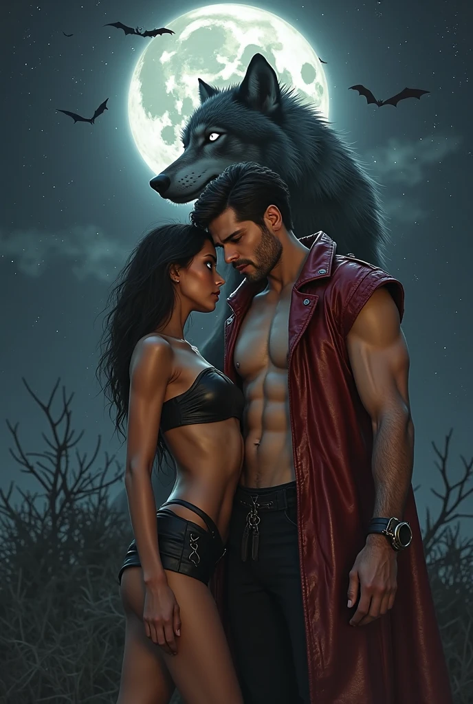 A handsome werewolf with a beautiful girl under the moonlight with thwo grey wolf behind
