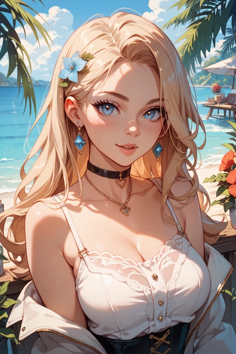 Manga character girl long straight blond hair with blue eyes quite tanned with a black tank top with thin straps a Christian cross around the neck in gold and small gold hoop earrings transparent gloss with eyeliner