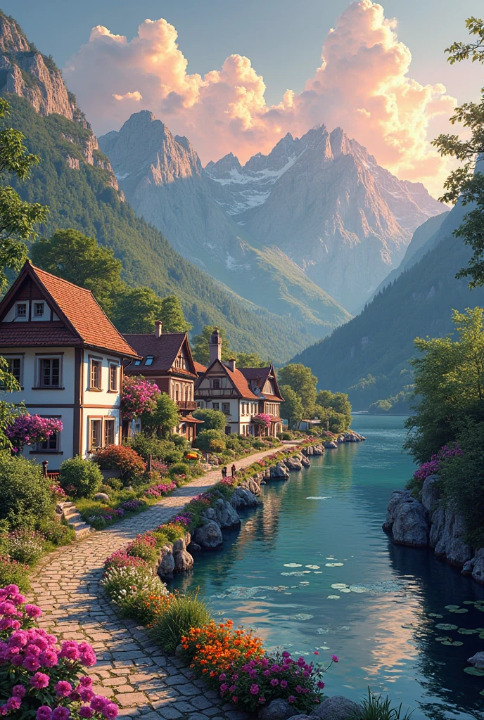 A small town by the river, mountains in the background, colorful floral flowers, detailed landscape, beautiful natural landscapes, atmospheric lighting, scorching sunset, warm colors, practical, photographic, detailed foliage, complex buildings, cobblestone street, charming country house, vibrant colors, lush vegetation, reflections in the water,  picturesque, idyllic, artwork, better quality, 8K, extremely detailed, anime style
