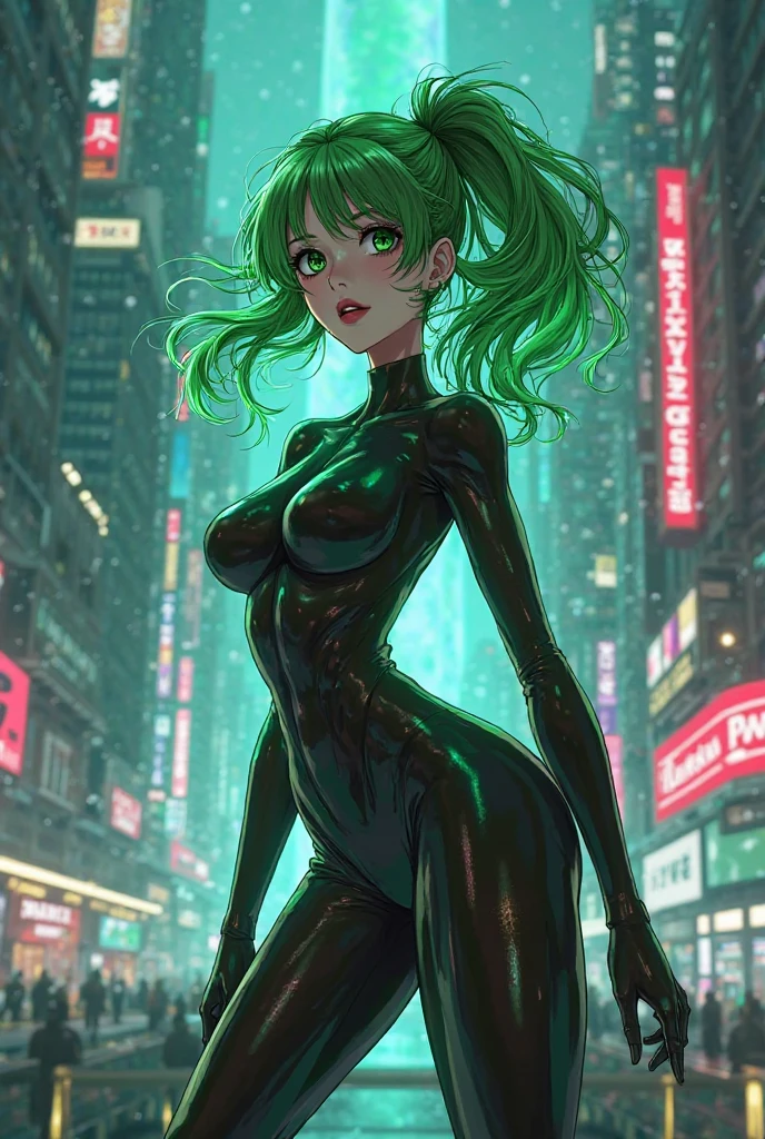 Hyper realistic super detailed sexy Mitsuri Kanroji, NSFW, Very detailed, expressions faciales sexy, seductive facial expressionace detail: 1.4): 0.4], 16K resolution, 4k resolution, dinamic lighting, High definition resolution, (sexy pose, Position attrayante), (hyper realistic: 1.4),  , (sun light: 1), (pleine hauteur: 1.8),(contrasting background: 1.5), (Anatomy of the hyperrealistic arm), (Hyperrealistic anatomy of the legs), (peau propre), (lighting cinematic: 1.7), (intime), (Technologie NVIDIA RTX Ray Tracing), (Ventre plat parfait), (image couleur),Create a 4K resolution, ultra-realistic, and extremely detailed artwork featuring a Mitsuri Kanroji in a corporate office setting with a provocative style. Mitsuri Kanroji  the central character in the artwork. She stands in front of a big glass window of a modern office offering a cityscape view.

 ((Mitsuri Kanroji (from "demon slayer"))), a girl with long green-pink gradient hair and green eyes, green hair, gradient hair, multicolored hair, long hair, braided hair, She has a commanding presence. She has a provocative yet professional silhouette,  emphasizes her figure. Her makeup  bold, with striking red lips and a gaze that demands attention.

She  dressed provocatively,  a bold fashion statement. yellow leotard, orange leotard, thigh gap, bare shoulders, a touch of glamour to her overall appearance. shy and slight smile, thigh gap