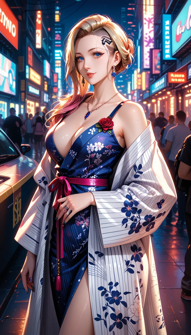 Wearing intricate cyberpunk streetwear, beautiful, girl, detailed portrait, 4 thousand., bright color, conceptual art, Cinematic and dramatic atmosphere, sharp concentration,  volumetric lighting, cinematic lighting to hang a yukata on your shoulder, Studio Quality,score_9,score_8_up,score_7_up,masterpiece,top quality,Perfect Anatomy,とてもbeautiful,Official Art,8k
