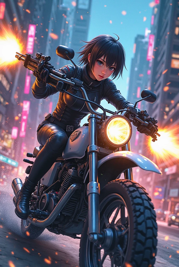 Picture of a human riding a Honda Super Cub and shooting rifles
anime style　
