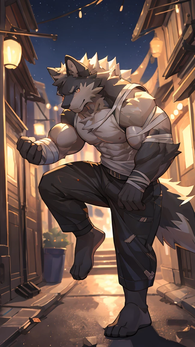 Furry shaggy lean werewolf male wearing a tank top and short shorts, furry art, lean werewolf, high resolution committee, full body committee, delicate eyes, pupil color is green, high resolution committee, full body committee, furry color black, furry anime, fluffy art council, furry fleurna, gorgeous wolf flsona, furry, one-handed waist, furry art, expression flirty, tsundere, solo person,shaggy male,hairy bodies,shoun,werewolf,canine,black fur,long dark hair, The ends of the hair are glowing purple,green eye,adolable,seductive, Handsome,large tail,full body, tank top, seductive, 1boy, a long fluffy furry wolf tail with fangs in the mouth, staring at the screen sharp claws, two legs, standing on both feet, the human wolf, talking