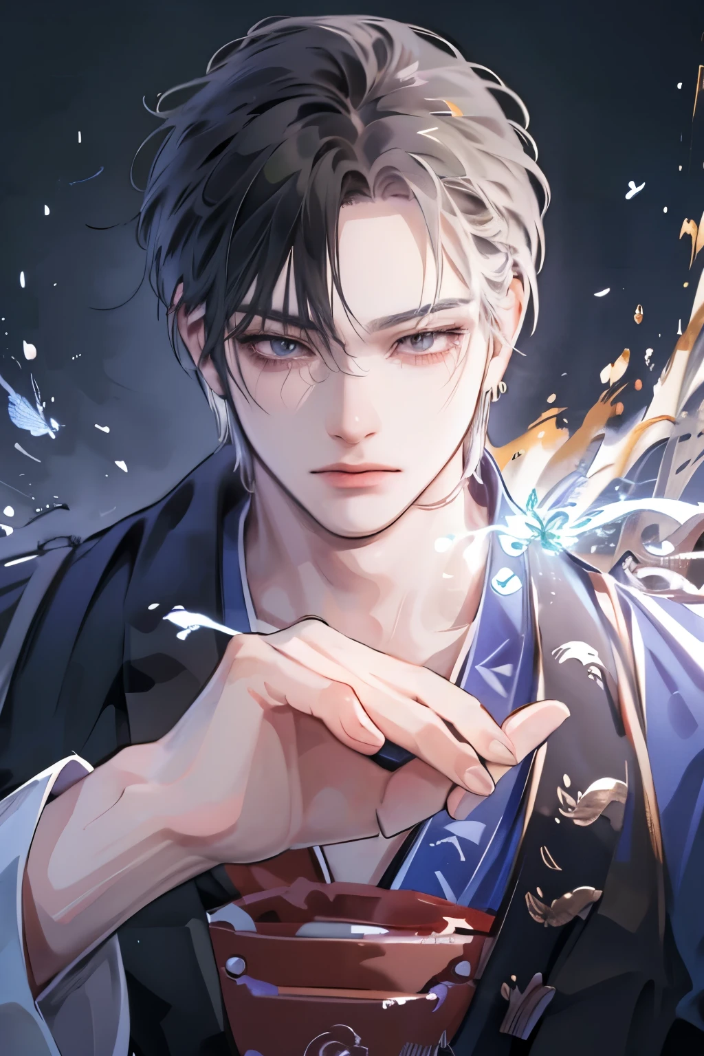고화질, hyperrealistic, Masterpiece, fine detail, vibrant colors, Magical energy that reveals powerful witchcraft abilities is gathered in his hands. Referring to Touji Fushiguro,, strong expressions and movements is in the center. behind him. The main character's clothes are fluttering in the wind, and the protagonist with, The character's muscular body and determined eyes are gathered in his hands. An extremely detailed 3D rendering of a magic rotation Fushiguro Touji illustration.