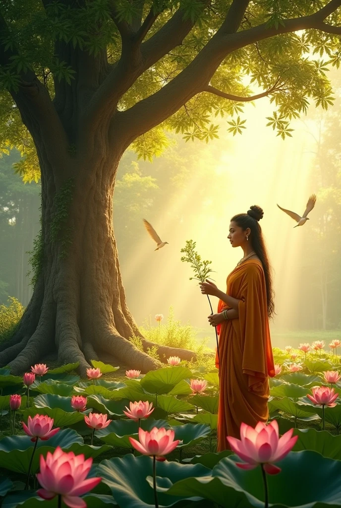 A peaceful ancient garden with blooming lotus flowers, birds flying in the sky, Queen Maya standing under a sal tree, holding a branch while giving birth to a glowing  Siddhartha Gautama, gentle sunlight shining through leaves, traditional Indian clothing, divine atmosphere.
