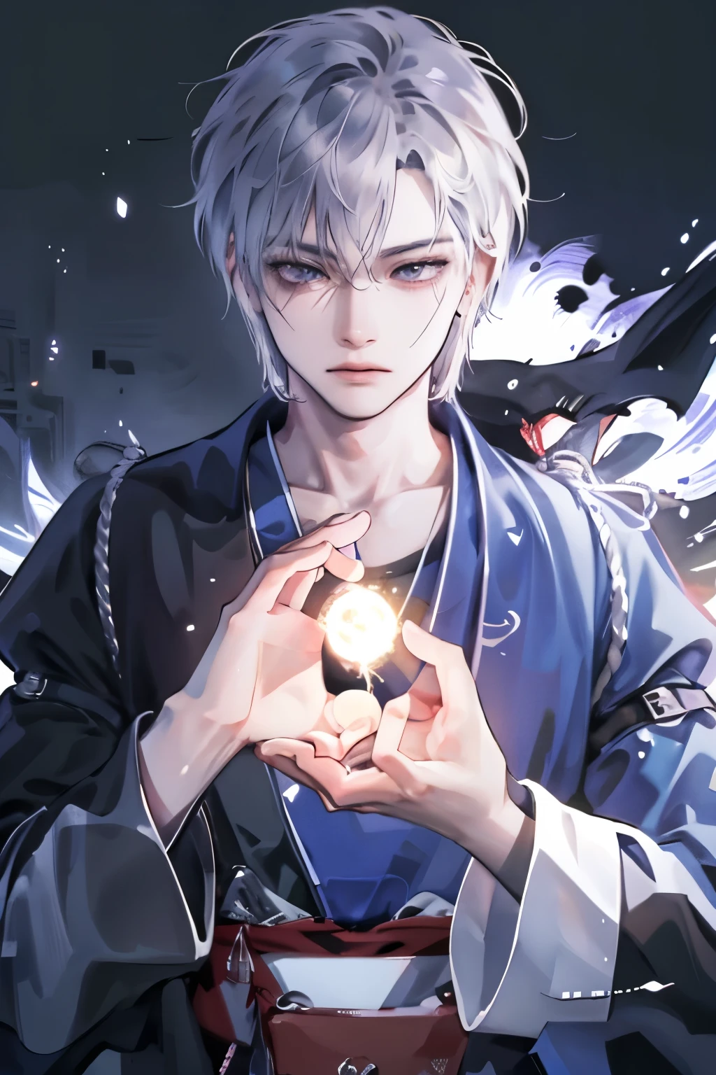 고화질, hyperrealistic, Masterpiece, fine detail, vibrant colors, Magical energy that reveals powerful witchcraft abilities is gathered in his hands. Referring to Touji Fushiguro,, strong expressions and movements is in the center. behind him. The main character's clothes are fluttering in the wind, and the protagonist with, The character's muscular body and determined eyes are gathered in his hands. An extremely detailed 3D rendering of a magic rotation Fushiguro Touji illustration.