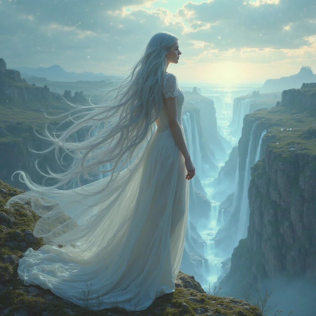 A stunning, ethereal woman with long silver hair, standing on a cliff overlooking a vast, glowing fantasy landscape with floating islands and waterfalls, wearing a flowing white gown, dramatic lighting, highly detailed, cinematic atmosphere, fantasy art style, ultra HD