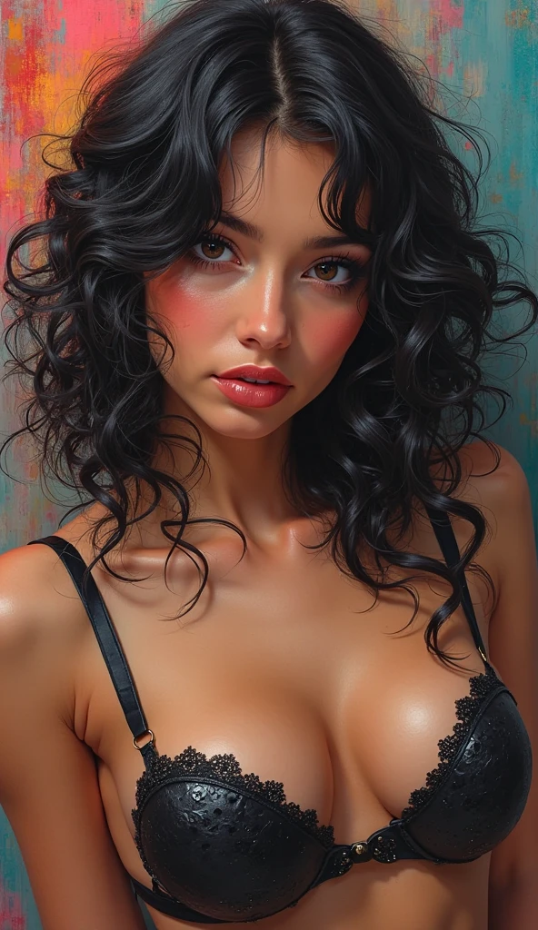 (masterpiece, Best Quality), 8k,(((Very detailed))), colorful race pattern, absurdres, girl figured on bed, curly black hair, brown eyes, glossy huge lips, black sparkle nails paint, blush face mascara, eyeliner, spaghetti bra, showing breasts to viewer, full body nude hot girl, ((curry figured)), huge lips,cute girl young girl 22 year old