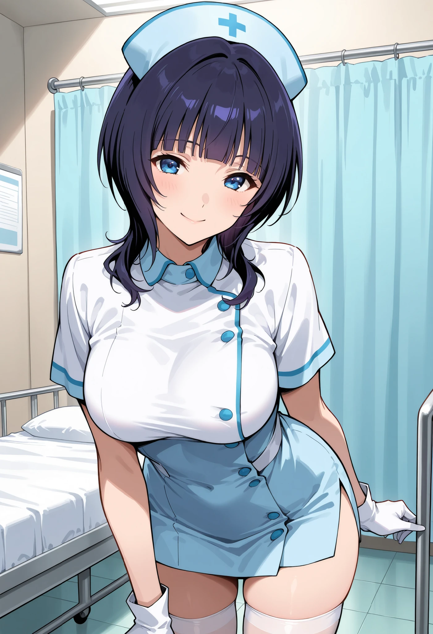 score_9, score_8_up, score_7_up, source_anime, intricate details, naotodetective,, short hair, blue hair, one mole under mouth, blue eyes, large breasts, medical eyepatch, nurse cap, nurse, white thighhighs, hospital, hospital bed, condom, in mouth, evil smile, 1boy, penis, erection, pov, solo focus, leaning forward, ,nsfw