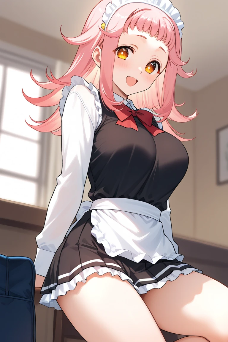 (girl1),(pretty),(Staring and with the body to the fourth wall :1.5) (himiko toga),(Character in the series boku no hero academia),(Short blond hair with two pulps and yellow eyes with pupils of Short blonde hair with two pulps and yellow eyes with cat pupils),(wearing) , +,(\dressed as a maid, and maid's outfit and super revealing on the back, I lowered the short skirt a lot, showing her legs, and a little of her panties, and the part of the apron at the back of the skirt is very low, showing her delicious buttocks, and over the maid uniform it looks like a very short and sexual bra, and she has an ass big and super big breasts, she is super busty and has very big buttocks)/