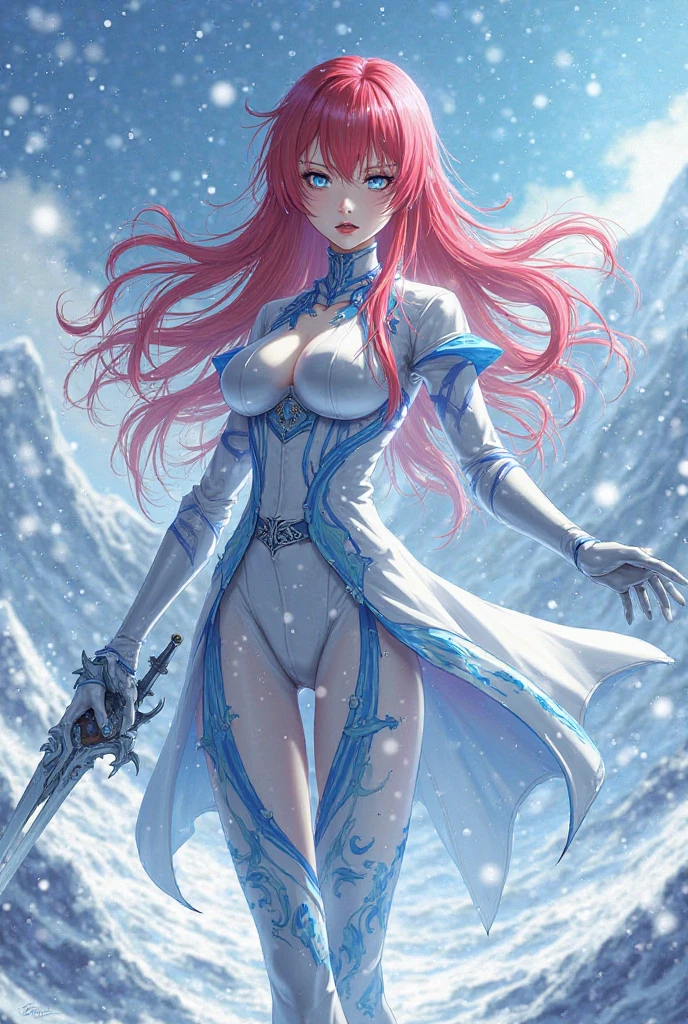 photo shot on Nikon D850, 16k, masterpiece, Detailed, breathtaking, atmospheric perspective, diffusion, natural skin texture, DSLR, 80mm Sigma f2, depth of field, film grain, intricate natural lighting, full length photo of beautiful steampunk demon with icy blue and white lighting standing in icy field, topless, light grey and pink, energy-filled illustrations, extremely sexy, detailed face and eyes, no makeup, little smiling, highly detailed, dark fantasy aura, faded colours.