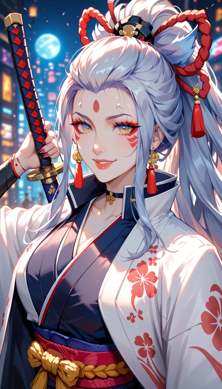 (top quality、masterpiece、very high resolution、super high quality、High quality pixels)、perfect eyes, perfect face, alone，alone, 8k, big breasts，(Detailed description of hair), (Detailed description of face),(detailed description of body), Fair and translucent skin, Gorgeous, long legs, facing the audience, Professional photography lighting, kimono, Oni horn, silver hair, (red eyeball: 1.2), girlfriend expression