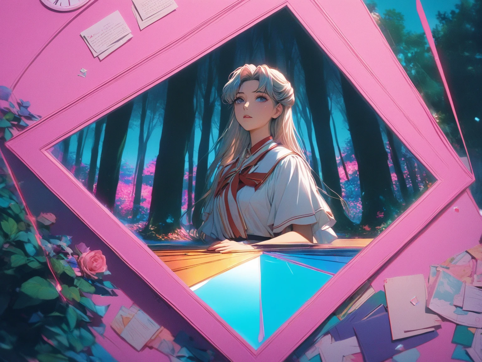 (Shoujo Kakumei Utena Style shadow picture:1.5),(sシルエット) ,(vaporwave:1.5),Cyber nostalgia explosion,Glitch Effects,pink gradation, (masterpiece, best quality:1.2, 8k,16k,high-resolution,(Mirror clock:1.3)（Dark Forest:1.3),Fantasy World、It suddenly happened one day, and the beginning was a letter, and the sender lived a long time ago, such a mysterious encounter

There are things like this in my time now, and we live like this, a romance that somehow blossomed while we were putting it into letters and communicating with each other

Words spelled from each of our worlds that we will never meet without even knowing how to solicit feelings

I'm always waiting impatiently for your words, I live in a different era, but I want to communicate with you over and over again if your wishes come true, I want to meet you because it's fine at first sight because I like you

What I suddenly remembered was the era you live in, what will happen tomorrow, if I have to tell you sad things, please wake up, miracle

Passing by and the changing seasons, letters that have been interrupted since then, only words that don't arrive anymore tighten my heart

I'm still walking in the future that you wanted to see 100 years far away, now I'm still walking, the letter that arrived to me with painful feelings in my heart looks familiar and the characters I've been waiting for

It's the last love letter you wrote to me beyond that day, I'll hold on to the proof that you lived in your time even after eight generations, and I'm going to tell you all that I see in my time someday