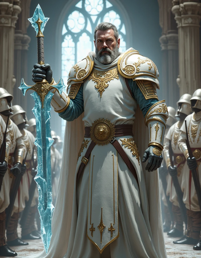 Realista, King Henry holding a sturdy ice sword, wearing white armor with golden details, inside a, monastery with an army of soldiers.