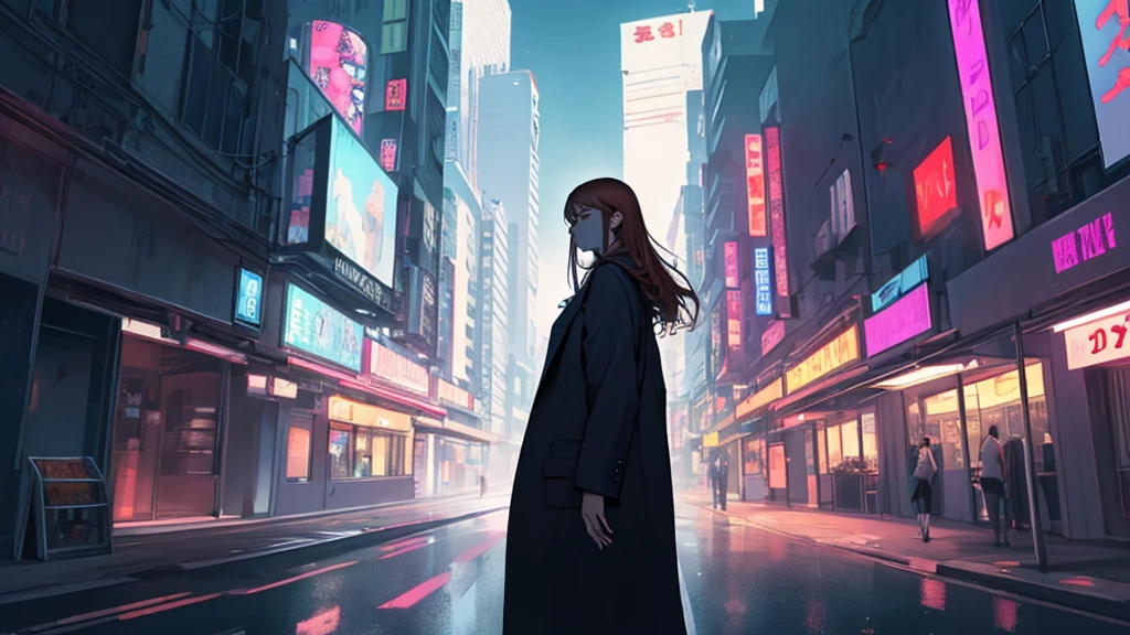 masterpiece, best quality, detailed, highly detailed, ultra detailed, extremely detailed CG, high resolution. 8K, unity 8k wallpaper, beautiful, beautiful mechanics, super detailed skin, detailed beautiful eyes, detailed beautiful face, detailed beautiful face and eyes, very detailed background, highly detailed background, elaborately designed clothes,
BREAK painting style, anime style,
BREAK person, 30 years old beautiful woman, reddish-brown long hair, fair skin, sharp eyes, elegant facial features, farewell, quietly moving forward, leaving behind the past, subtle sense of closure,
BREAK clothing, simple modern fashion, long coat fluttering, casual yet neat, slightly futuristic touches,
BREAK background, cyber cityscape, soft glowing holograms, digital billboards, semi-abstract skyscrapers, internet-connected city, blurred neon lights, transparent UI elements, dawn light over urban network, era of transition, futuristic urban atmosphere,
BREAK behavior, slowly walking away toward the far end of the screen, gentle stride, back slightly turned as she walks off,
BREAK facial expression, calm, slightly lonely but determined, faint smile of goodbye, looking forward, acceptance,
BREAK composition, girl, solo, waist-up shot, left side of frame, facing right,
