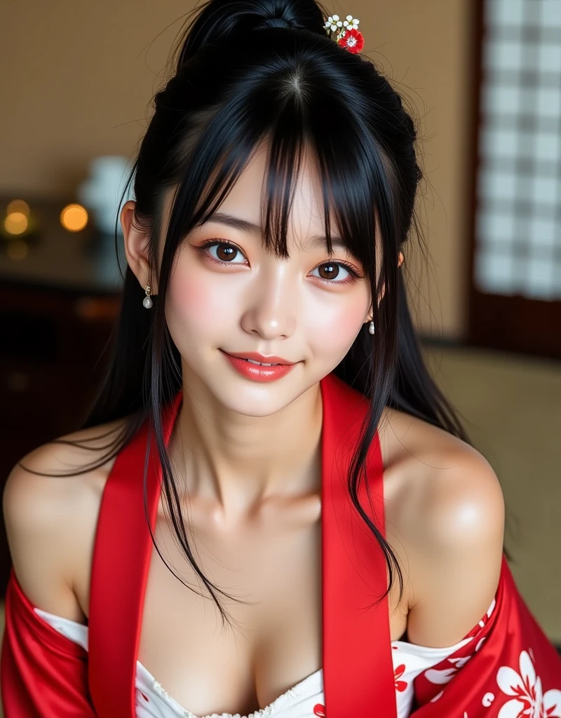 A 21-year-old Japan woman in a red off-the-shoulder dress poses for a photo, With short hair, Japanese Models, woman model, the face of a beautiful Japanese girl, girl cute-fine-face, lovely delicate face, studio photo, Stand in front of a large painting、Short hair glossy with gel、Rin々Facial expressions