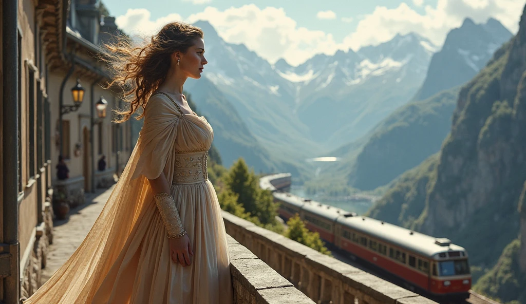 Prompt: A romantic, cinematic scene of Empress ????? standing at the edge of a scenic balcony overlooking the Alps, wearing a flowing travel dress and cloak—wind catching her hair—her expression serene and adventurous. A luxury train waits in the distance.