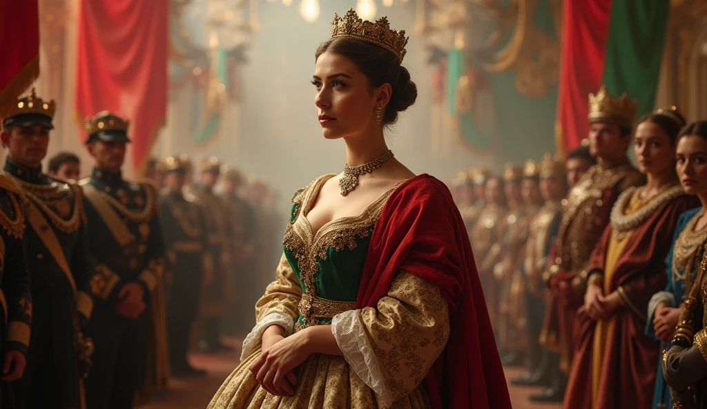 Prompt: A dignified painting-style image of Empress Sissy in traditional Hungarian dress, standing proudly among Hungarian nobility, with banners in the background and the Austro-Hungarian flag forming subtly in the light behind her.