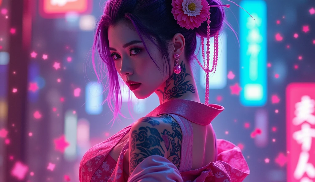 The Neon Geisha
Description: A futuristic Japanese geisha with electric-purple ombré hair and cybernetic cherry-blossom tattoos. Her XXL breasts (2.0 scale) spill from a torn neon kimono, holographic kanji swirling around her.

Details: "8K cyber-geisha aesthetic, --ar 9:16"
