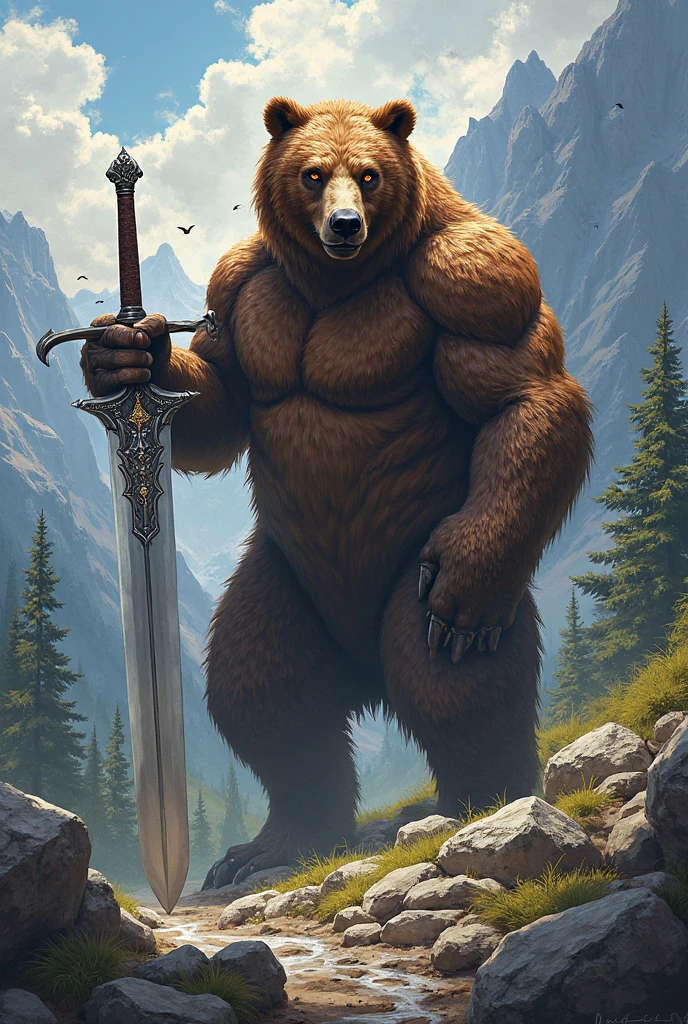 Full body cute anime, standing on the grass, Bear warrior with sword in the forest, Muscular woman, very beautiful face, Only one man, Fashionable, Soft touch, Cute animations,Bear headdress, Fluffy bear fur costume、Epic fantasy cute artwork with bright colors, Fashionable anime, Fluffy realistic touch style, epic fantasy art style, Epic Fantasy Cute Art Style, Muscular cute hero, character art --auto