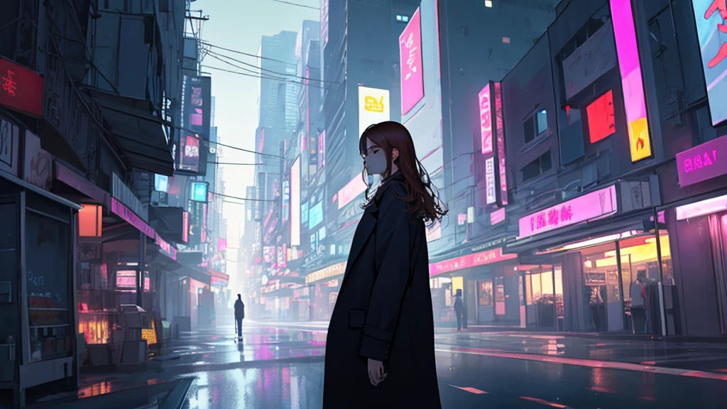 masterpiece, best quality, detailed, highly detailed, ultra detailed, extremely detailed CG, high resolution. 8K, unity 8k wallpaper, beautiful, beautiful mechanics, super detailed skin, detailed beautiful eyes, detailed beautiful face, detailed beautiful face and eyes, very detailed background, highly detailed background, elaborately designed clothes,
BREAK painting style, anime style,
BREAK person, 30 years old beautiful woman, reddish-brown long hair, fair skin, sharp eyes, elegant facial features, farewell, quietly moving forward, leaving behind the past, subtle sense of closure,
BREAK clothing, simple modern fashion, long coat fluttering, casual yet neat, slightly futuristic touches,
BREAK background, cyber cityscape, soft glowing holograms, digital billboards, semi-abstract skyscrapers, internet-connected city, blurred neon lights, transparent UI elements, dawn light over urban network, era of transition, futuristic urban atmosphere,
BREAK behavior, slowly walking away toward the far end of the screen, gentle stride, back slightly turned as she walks off,
BREAK facial expression, calm, slightly lonely but determined, faint smile of goodbye, looking forward, acceptance,
BREAK composition, girl, solo, bust-up shot, upper body from ????? to head, positioned on the left side of the image, facing right,
