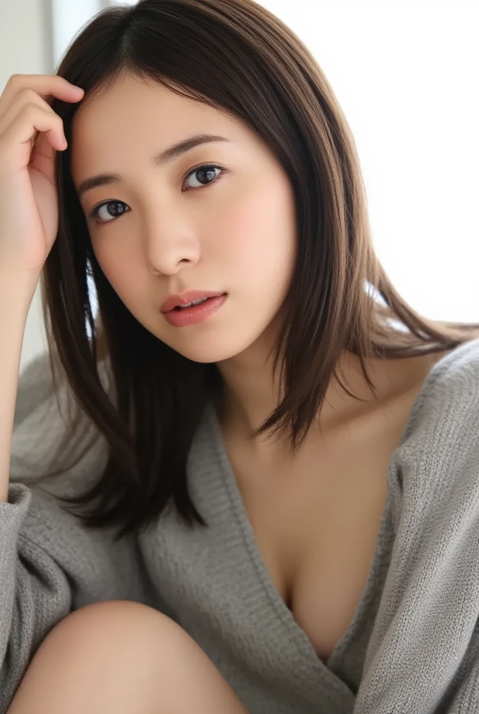 (8k), (highest quality: 1.2), (Realistic), (Realistic: 1.37), Ultra-high resolution, 1 girl, Head to knee photo、cute, smile, Mouth closed, Beautiful details, Beautiful Nose, whole body, Wet Hair, Giant Dulcefo, pork, , (Large Breasts)、Saggy breasts、Soft Breasts、Overflowing breasts、Knitted cardigans、隠しきれないLarge Breasts、Voluptuous thighs、Odd Eye、Heterochromia iridis
