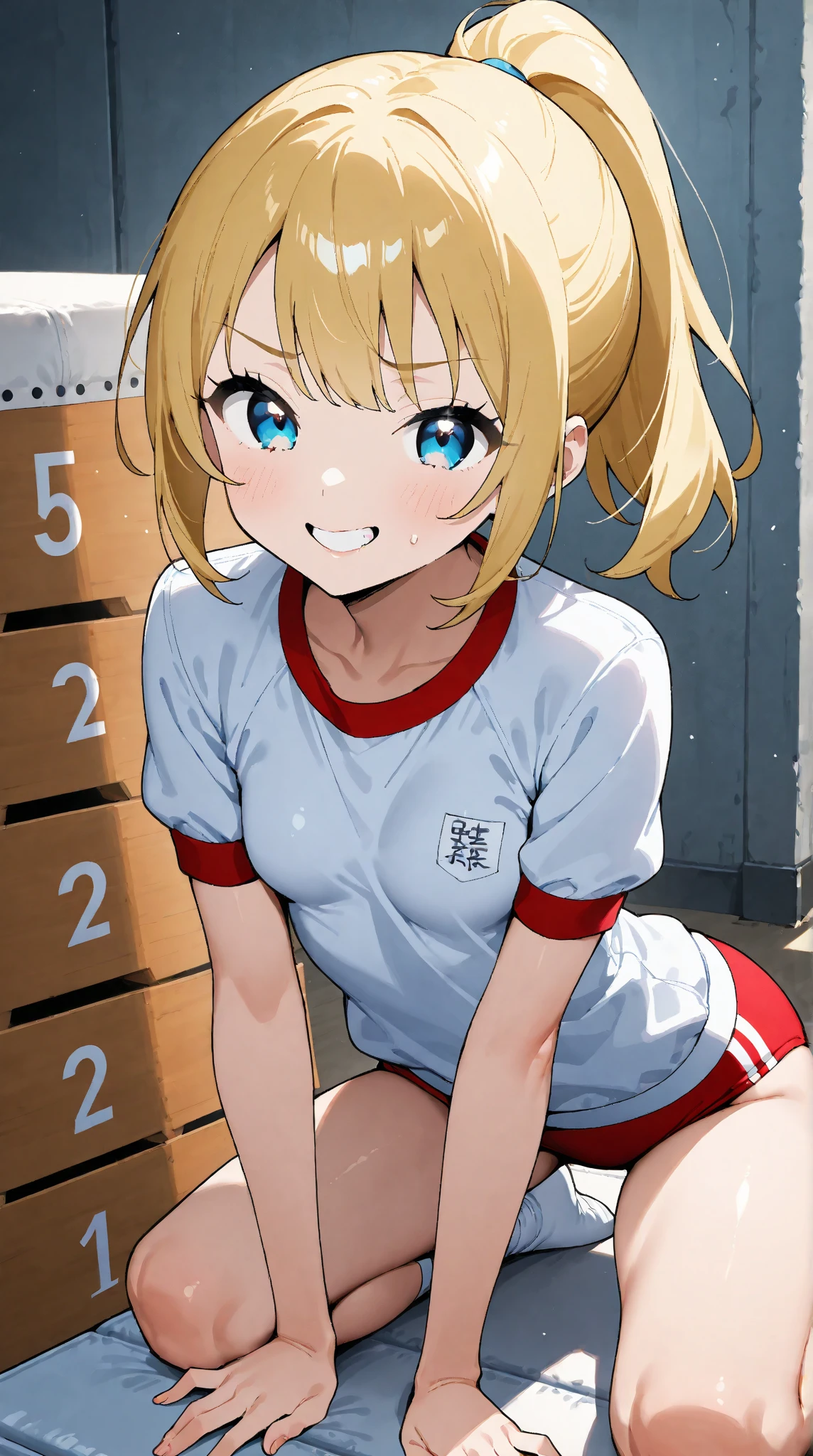 Turn your back on me、Leaning forward、Stretching your arms out on a concrete wall、While supporting the body、She looks at us over her shoulder with moist eyes., bust 86cm、She is wearing a school swimsuit with a waist of 52 cm.。.、Blonde woman in her late teens with 78cm hips